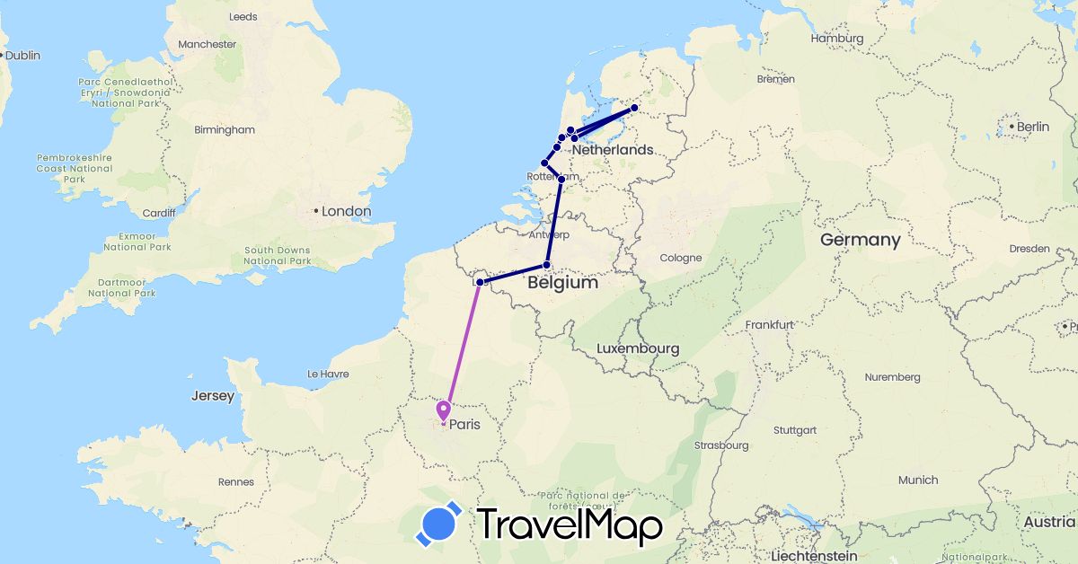 TravelMap itinerary: driving, train in Belgium, France, Netherlands (Europe)